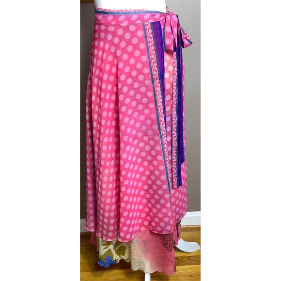 Wrap Sari Skirt Maxi Pink Reversible Chiffon Silk Blend Boho Gypsy Women 1 Sz - Picture 3 of 10